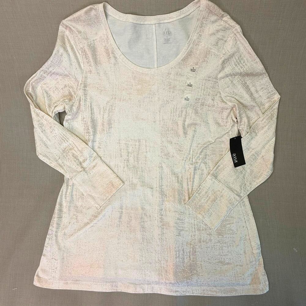 a.n.a Metallic Shimmer Long Sleeve T Shirt Womens XL Cream Gold 100% Cotton New